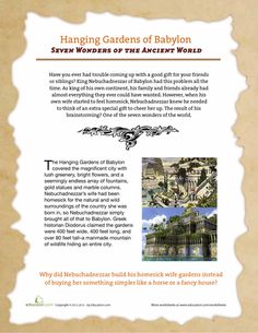 an advertisement for hanging gardens of baallon, seven wonders of the ancient world