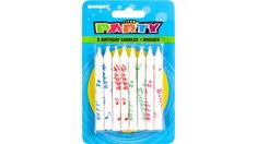 party candles with writing on them are packaged in a package for $ 3 99 each