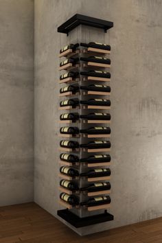 a wine rack in the corner of a room