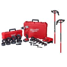 the milwaukee tool kit includes tools and accessories for construction, including drillers, hammers,