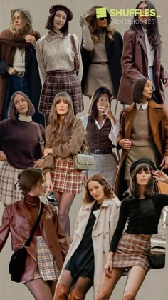 the models are dressed in different styles and colors, all wearing brown coats and hats