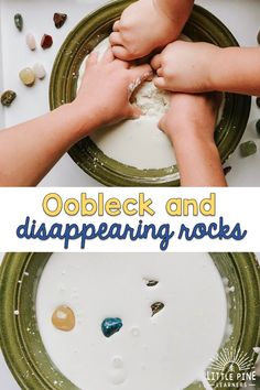 two hands touching each other over a bowl with rocks in it and the words oobleck and diapering rocks below