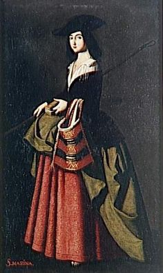 an old painting of a woman in black and red dress holding a purse with her left hand