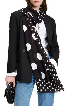 Variegated dots embolden this breezy long scarf that enlivens your everyday look. 30"H x 80"W 1/2" fringe 100% viscose Hand wash, dry flat Imported Polka Dot Scarf, Scarf Poncho, Long Scarf, Black Cream, Kate Spade New York, Womens Scarves, Everyday Look, Scarf Wrap, Polka Dot