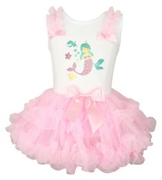 A pink and white soft ruffle petti dress with mermaid printed in glitter on the bodice of the dress. Cute bows are attached to the straps of the dress along with some ruffles and a bow is placed on the waistline. Hand-wash with cold water. Made from cotton, polyester, and spandex for comfort N322PINK Popatu style: N322 N229 Mermaid Things, Pink Mermaid, Mermaid Print, Claw Hair Clips, Ariel The Little Mermaid, Kids Outfits Girls, Cute Bows, Toddler Dress, Birthday Dresses