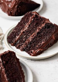 two plates with slices of chocolate cake on them