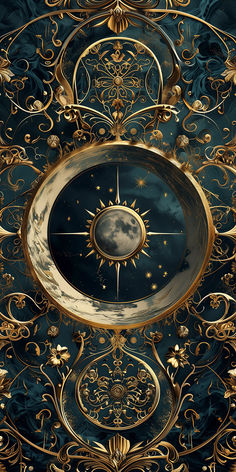 an intricately designed clock with the moon and stars above it