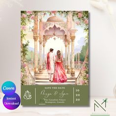 save the date card with an image of two people standing in front of a gazebo