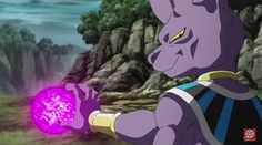 an animated image of a cat holding a purple ball in front of some rocks and trees