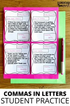 a pink and green binder with the words commas in letters student practice on it