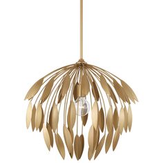 a light fixture with gold leaves hanging from it's center point, on a white background