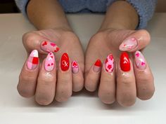 Fun Valentines Nails Almond, Crazy Valentines Day Nails, Funky Heart Nails, Aesthetic Valentines Nails, Fun Valentines Nails, Aura Valentine Nails, Unconventional Valentines Nails, Groovy Valentines Nails, Graffiti Valentines Nails