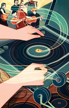 an illustration of people playing music on their turntables