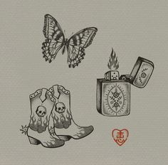 a drawing of two boots, a lighter and a butterfly on a gray background with an orange heart