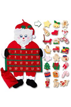 a santa clause holding a calendar surrounded by christmas decorations and wooden cutouts on a white background