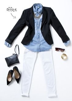 White Dress Pants, Outfit Jeans, Chambray Shirt, Work Wardrobe, Clothes And Accessories, Black Blazer