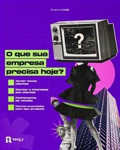 an advertisement for a television show with a woman in a black dress and a tv on her head