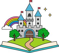 an open book with a castle and rainbow in the background