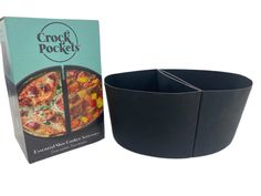 a box with a pizza in it next to a container for the crock and pockets