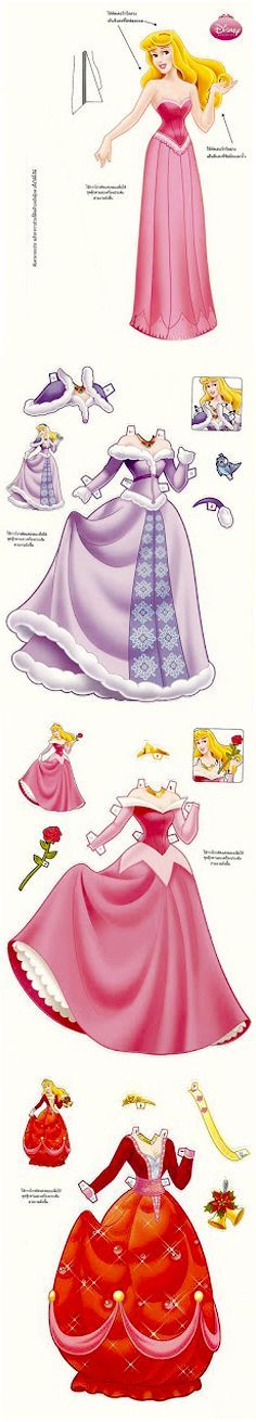 some paper dolls that are in different styles and colors, including dresses with bows on them