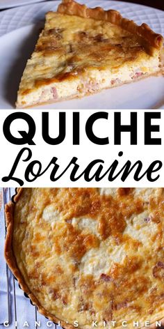 quiche lorraine recipe on a white plate with text overlay