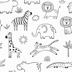 Jungle Safari Drawing, Easy Safari Animal Drawings, Jungle Drawing Easy With Animals, Banner Doodle, Ipad Painting, Kids Fabric, Kids Book