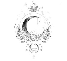 a crescent with stars and arrows around it, on a white paper background the moon is surrounded by other symbols