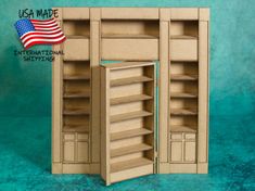 an open cardboard storage cabinet with the american flag on it's top and bottom