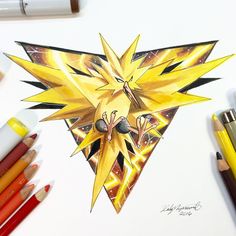 a drawing of a pokemon pikachu with yellow and black colors, surrounded by crayons