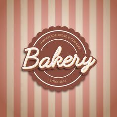 a bakery logo with the word bakey in white lettering on a pink and brown striped background