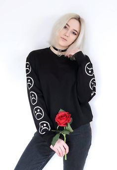 Sad Faces Emoticon Sleeves Printed Keyboard Sweatshirt Sweater Black White Tumblr Inspired Aesthetic Aesthetic Sweaters, Sweatshirt Aesthetic, 2018 Style, Pastel Grunge, Inspired Aesthetic, Aesthetic Shirt, Clothing Aesthetic, Aesthetic Shirts, Trendy Prints