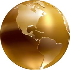 a shiny gold globe with the earth on it's side, in front of a white background