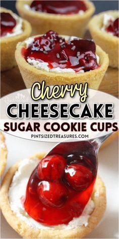 cherry cheesecake sugar cookie cups on a plate with the title overlay reading cherry cheesecake sugar cookie cups