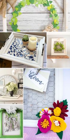 the collage shows different types of flowers and decorations