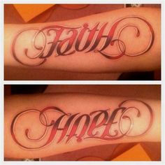 two tattoos with the words faith and hope in red ink on their arms, one is black