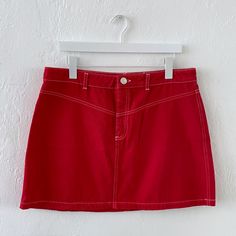 Asos Denim Mini Skirt In Red With Contrast Thread Two Sizes Available / Us 10 & Us 12 New Without Tags. Excellent Condition. Never Worn. High-Waisted Mini Jean Skirt By Asos Collection In Red Wash Cotton Denim. High-Rise Waist, Slim Fit, Front Button & Zip Fly, Contrast Stitching And Belt Hoops. 100% Cotton. Measurements Flat (Approx): Size Uk 14 (Us 10): Waist: 15” / Hip: 20” / Length: 15.5” Size Uk 16 (Us 12): Waist: 17” / Hip: 22” / Length: 16” Red Fitted Y2k Bottoms, Retro Red Skort For Summer, Retro Red Summer Skort, Red Cotton Mini Denim Skirt, Red Casual Mini Skort, Red Y2k Style Summer Bottoms, Red Casual Mini Length Skort, Casual Red Mini Skort, Trendy Red Denim Skirt For Summer