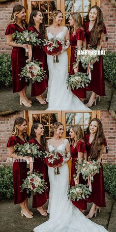 the bride and her bridesmaids are posing for pictures