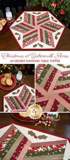 the christmas table runner is made with red and green fabrics