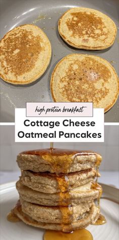 cottage cheese oatmeal pancakes are stacked on top of each other