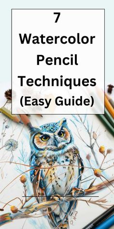 an owl sitting on top of a tree branch with the words watercolor pencil techniques easy guide