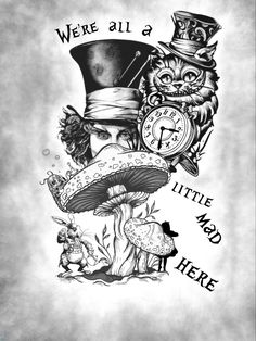 we're all a little mad here tattoo design with an owl, mushroom and top hat