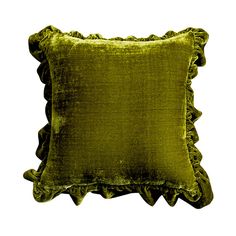 a green velvet pillow with ruffles on the bottom and sides, against a white background