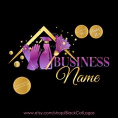 business name with purple gloves and stars on black background for cleaning company or beauty salon