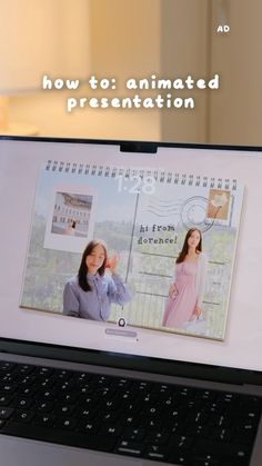 an open laptop computer sitting on top of a desk with the words how to animated presentation