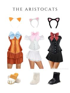 the aristo cats costume is shown in three different colors and sizes, including black, orange