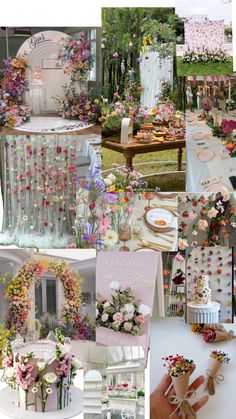 a collage of photos with flowers and cakes on display at an outdoor wedding reception