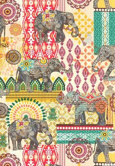 an elephant and other animals are depicted in this colorful fabric design, which is made up of