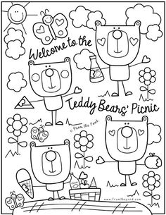 the teddy bear picnic coloring page is shown in this black and white version, with an image of two bears