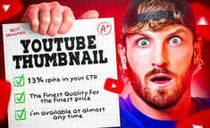 a man holding up a paper with the words youtube thumbnail written on it in front of his face