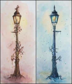 two drawings of street lamps with trees and flowers on the top one is painted in watercolor